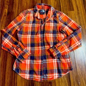 The North Face Small Orang Blue Plaid Long Sleeve Button Up Shirt Outdoors Hike